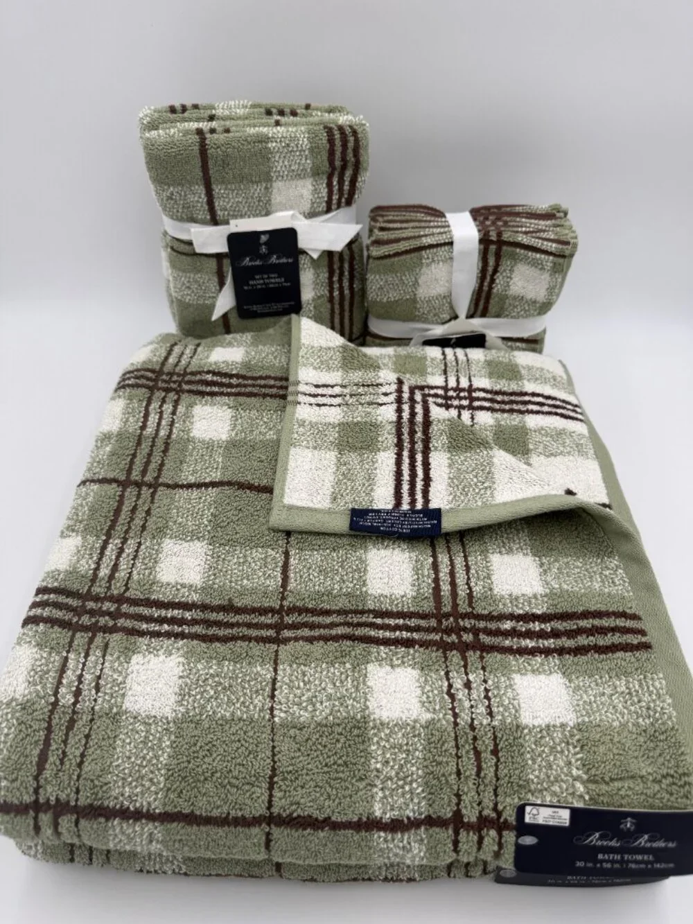 Brooks Brothers 8 Pc Bath Towel Set Sage Green Plaid 100% Cotton NWT